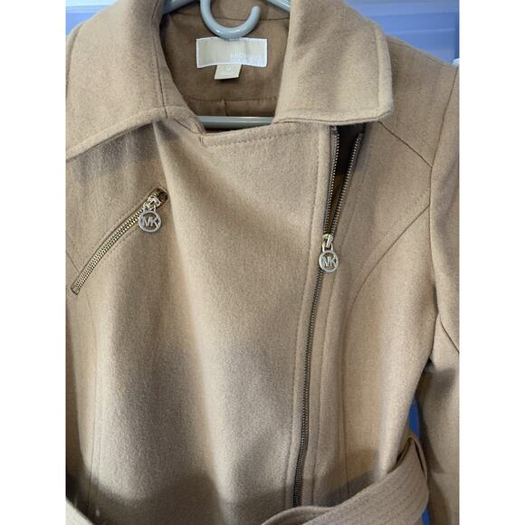 Michael Kors Wool belted coat camel zip up M preppy old money quiet luxury - Picture 2 of 10